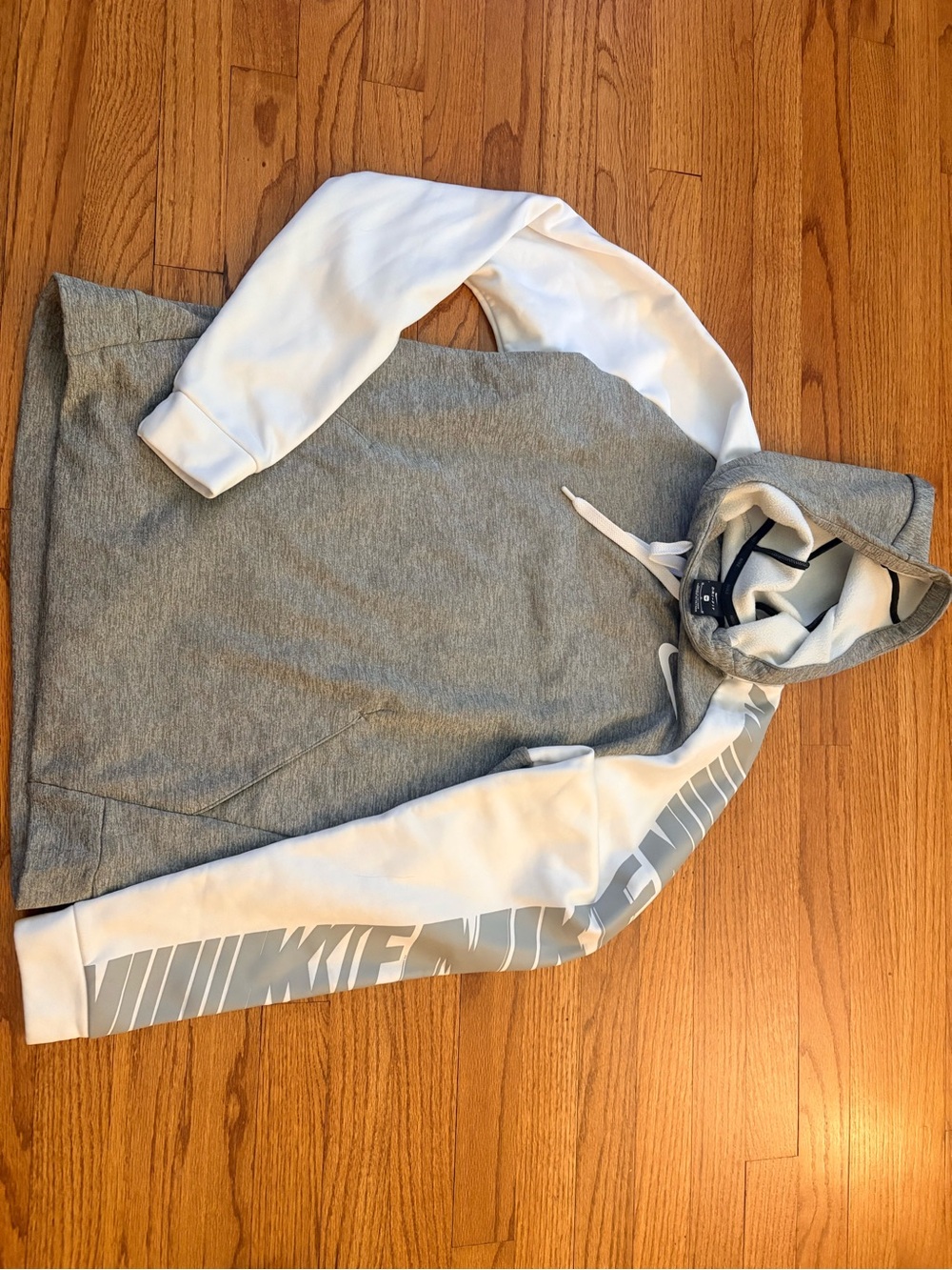 Nike Mens Gray and White Hooded Pullover with Logo Sleeve
